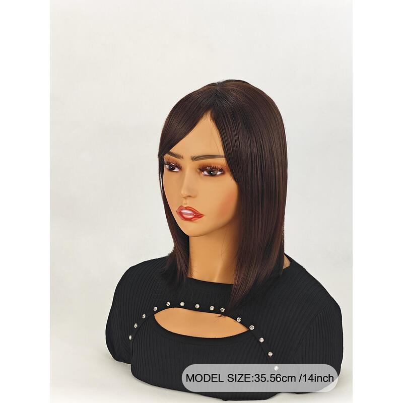 Shoulder-Length Layered With Bangs -14 Inch Peek-a-boo Color Black Mix Brown Mid-Length Wavy For en brown Women, Heat Resistant Synthetic Hair Replace