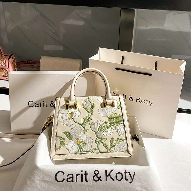 High Quality Textured Leather Embroidered Ral Square Fashion Women's Handbag Lady Purse Female Shoulder Messenger Bag