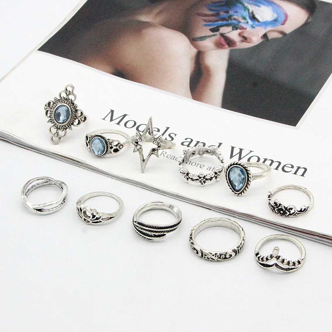 11 pieces/set Bohemian retro silver gothic aesthetic retro carved feather flower leaf butterfly ring setXJ250412