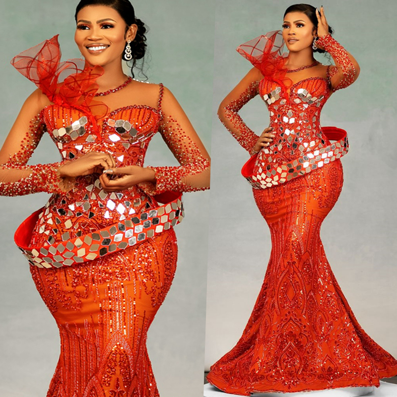 2025 Plus Size Orange Red Prom Dress Mermaid Prom Dresses Evening Formal Gowns For Special Occasions Sheer Neck Beaded Lace Birthday Second Reception 