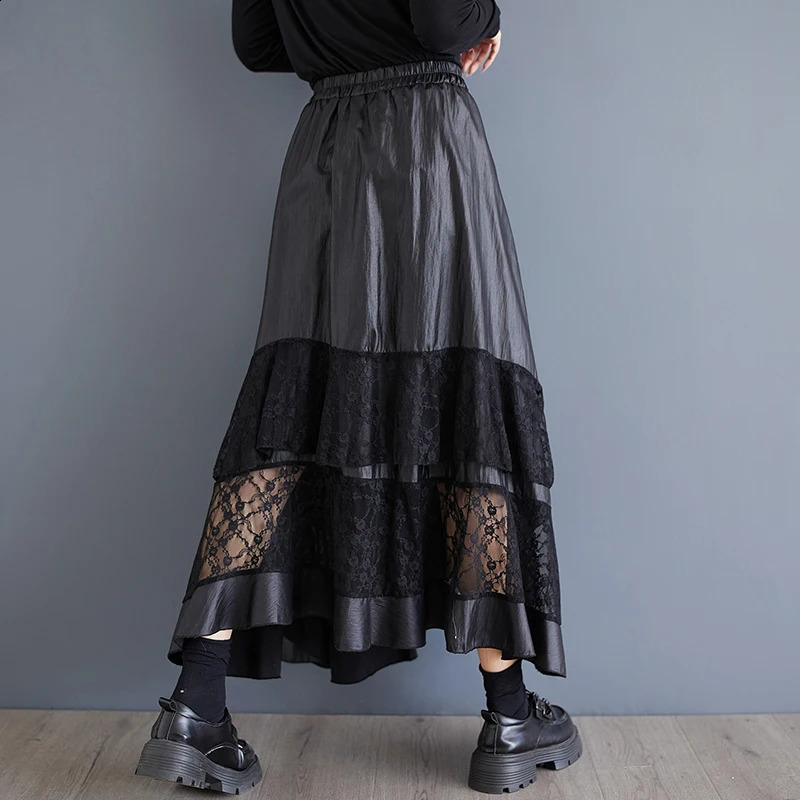 #3042 Spring Asymmetrical A-line Skirts Women Split Joint Lace Hollow Out Vintage Skirts Ladies High Waisted Pleated Black Skirt 250411