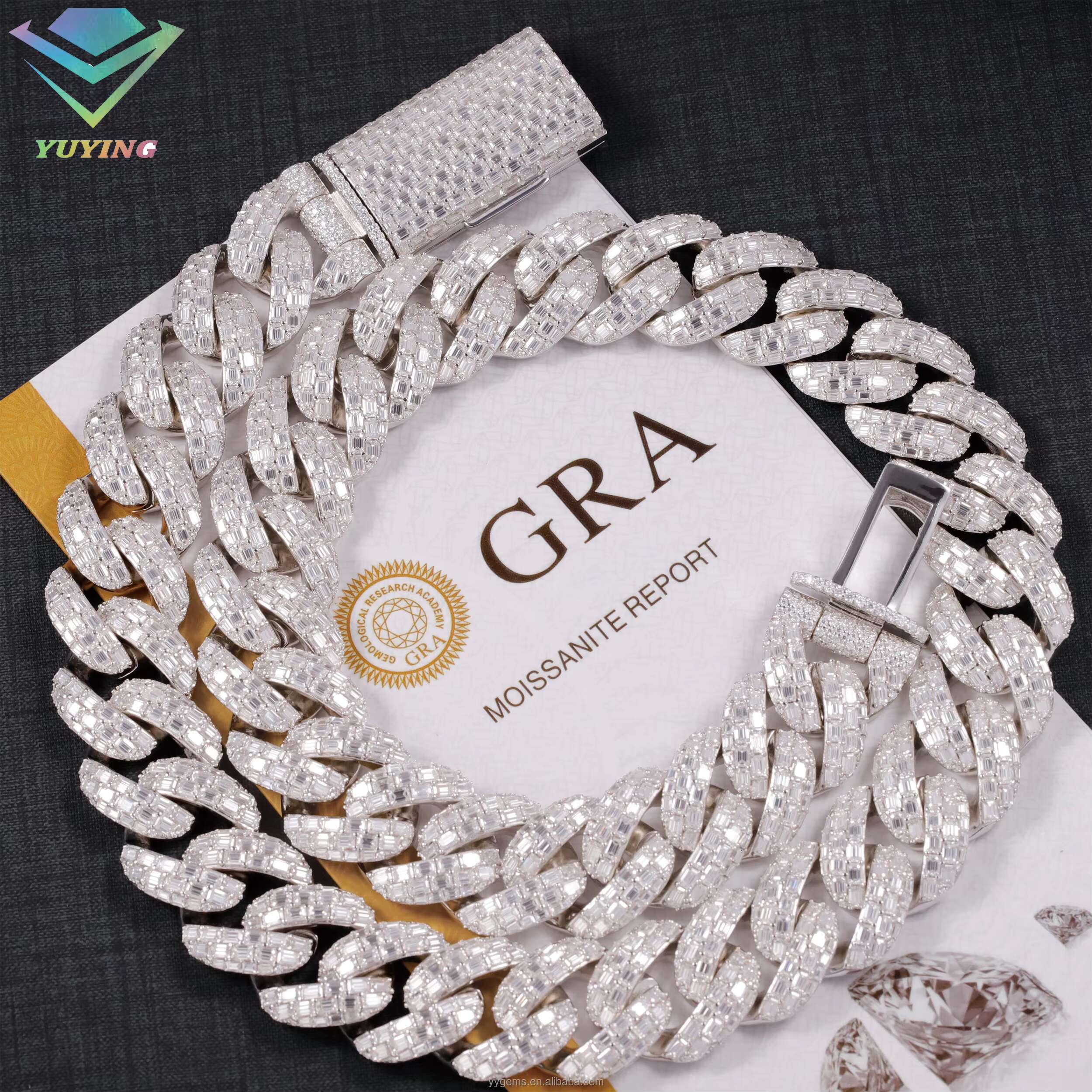 Yu Ying 20mm Baguettes VVS Moissanite Diamond Solid Silver Necklace Cuban Link Chain for Hiphop Jewelry