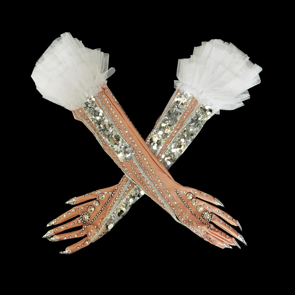 Fashion Party Rhinestone Gloves Women Skin Nude Color Ruffles Crystal Prom Wedding Long Gloves Dancer Singer Stage Accessories 250408