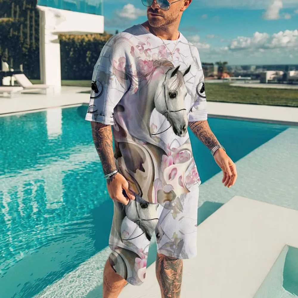 Mens sportswear T-shirt 2PK set pants closed style summer 3D printed animal short sleeved set streetXJ250412