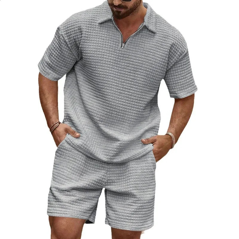 Summer Mens Casual Trend Fashion and Comfortable Solid Color Polo Sports Set 250411
