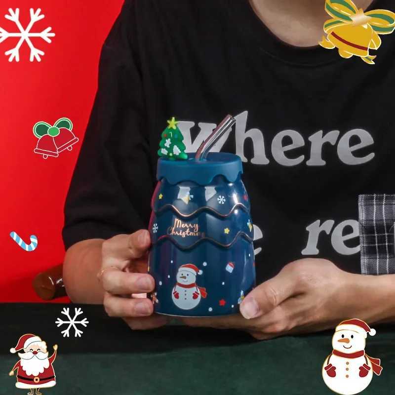 Christmas Creative Christmas Mugs Cartoon Xmas Tree Shape Santa Claus Elk Snowman Bell Ceramic Cup with Lid and Straw Coffee Mug Xmas Gift Y251112