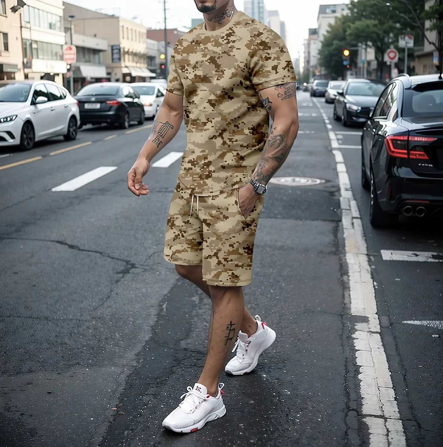 2024 New Summer Mens Two piece 3D Short sleeved Shorts Set for Running Leisure Camouflage Outdoor Travel Set for Mens ClothingXJ250412