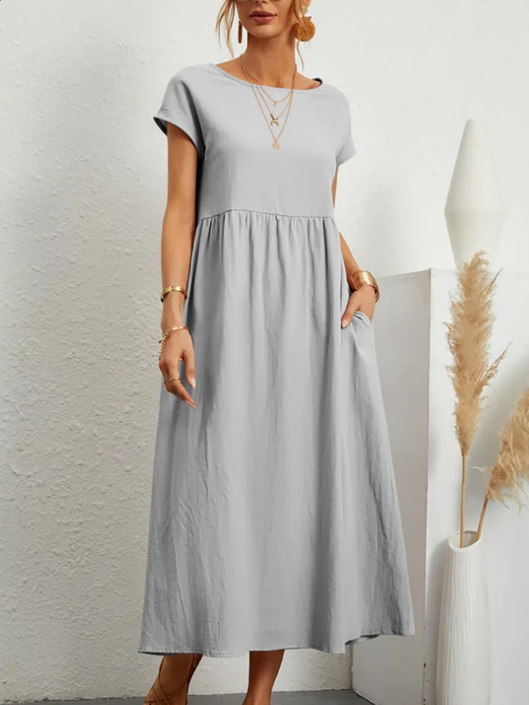 Women Vintage Solid Dress Summer Elegant O Neck Short Sleeve Cotton Linen Dresses Female Casual Loose Sundress Long Dress 250411