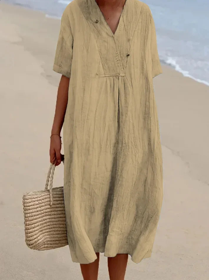V-neck Short Sleeve Dress Solid Cotton Linen Denim Dress for Women Spring /summer Loose Korean Style Big Size Summer Dresses 250411