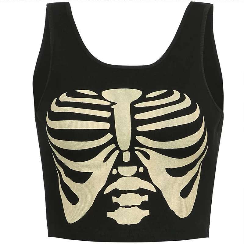 Summer Tops Women Punk Vintage Cosmic Skeleton Printing Tank Black Goth Clothes Haruku O-Neck Short Sleeve Crop Top T Shirt