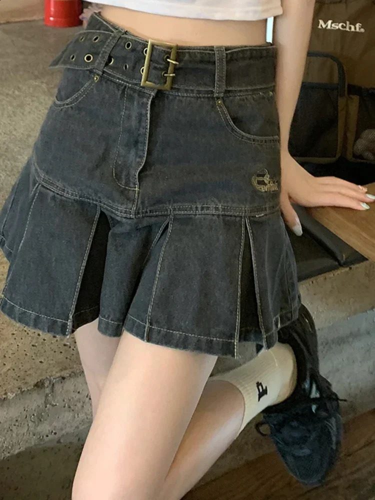 Denim Skirt High Waist Black Mini Skirt Pleated Korean Fashion Gyaru Clothes Summer Y2k Streetwear Vintage Womens Clothes 250407