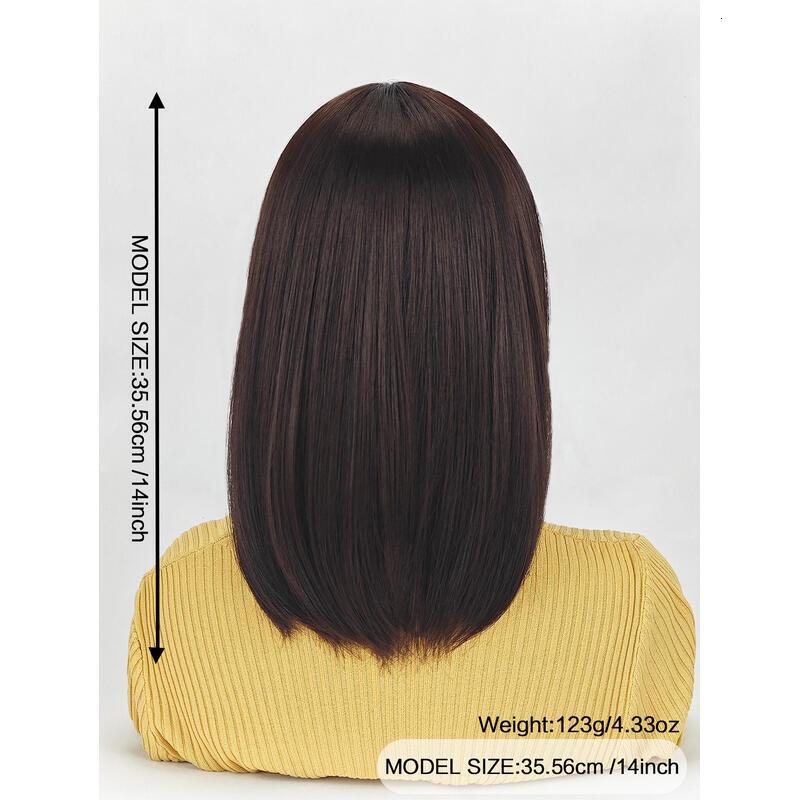 Medium-length straight hair fully hined 14 inches heat-resistant fiber high temperature silk dyeable and permable bangs synthetic wig Short Bob for en