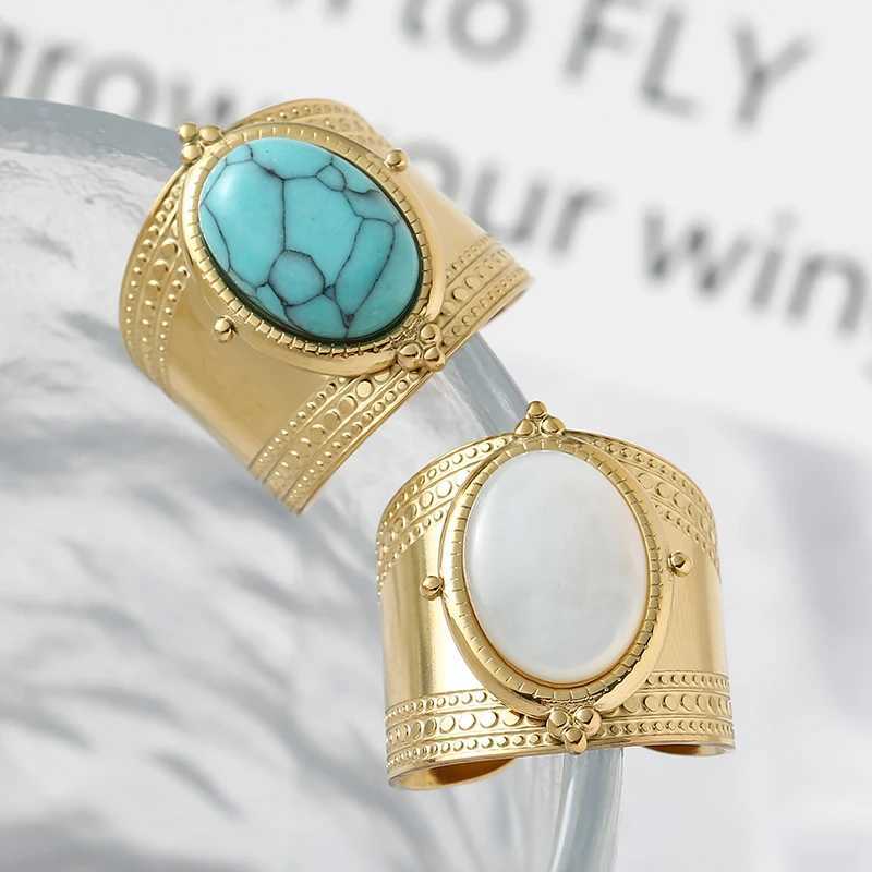 Bohemian turquoise natural stone wide opening ring for women 14K gold-plated stainless steel ring finger ring womens jewelry giftXJ250412