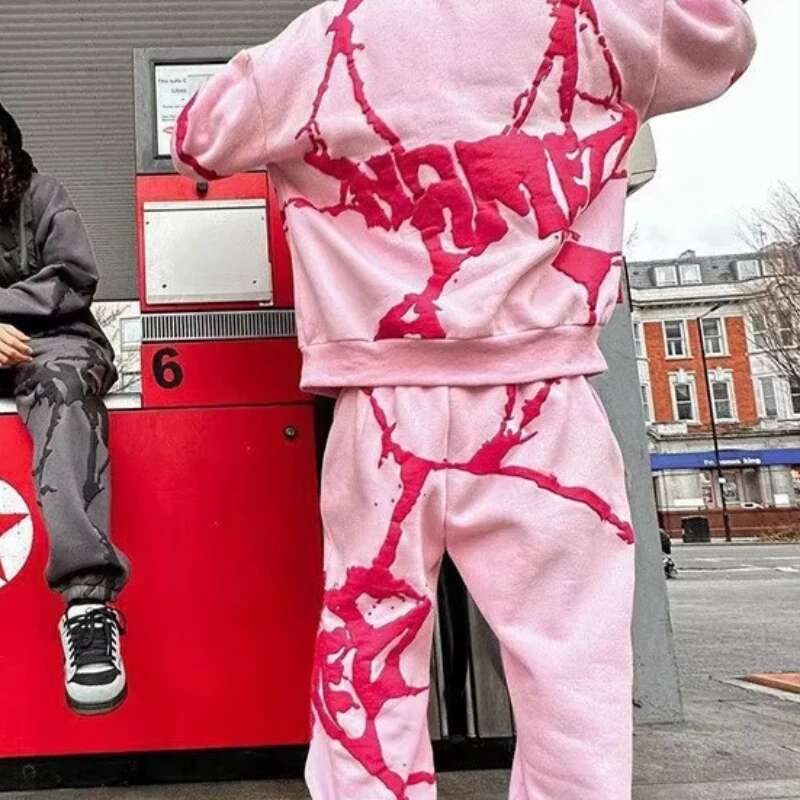 Foam Printing Hoodies Hip Hop Fashion Irregular Pattern Hoodie Pants Set Women Y2k Streetwear Skateboard Oversize Sweatshirt