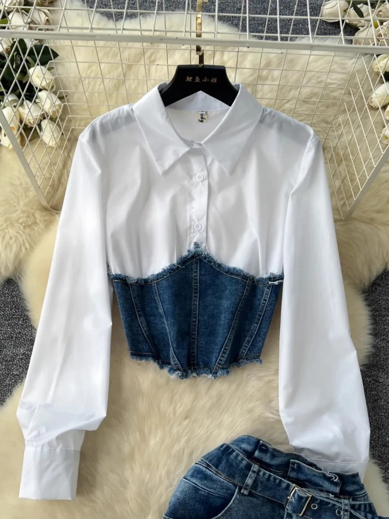 Women 2025 Sets Turn-down Collar Long Sleeve Denim Patchwork Shirts High Waist Bodycon Split Skirt Fashion Casual Suit 250411