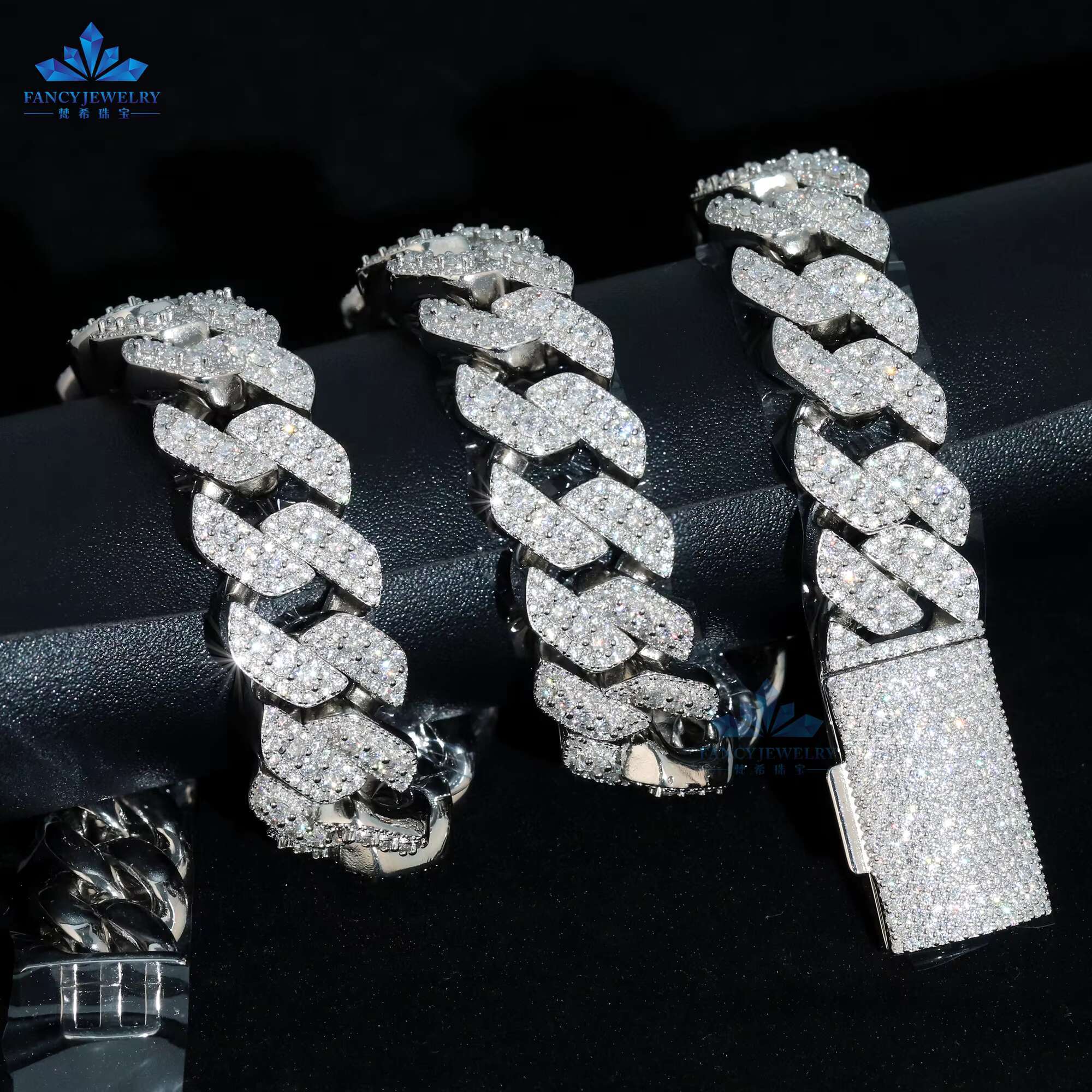 Pass Tester 18mm Width 3 Rows Miami Cuban Necklace 7-24 Inches D VVS Melee Round Moissanite Diamond 925S Hip Hop Link Chain