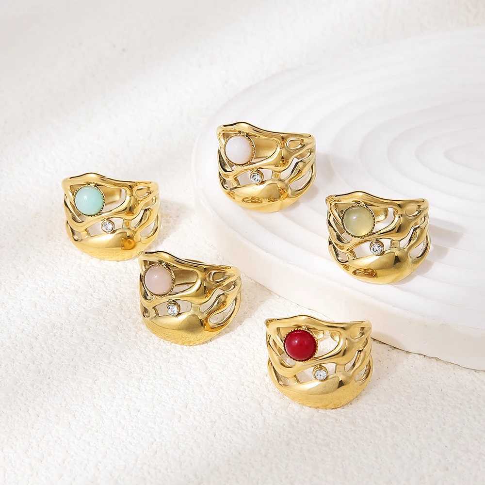 Retro Zircon Irregular Stainless Steel Ring Womens Natural Stone Bohemian Retro 14k Adjustable Wedding Ring Fashion GiftXJ250412