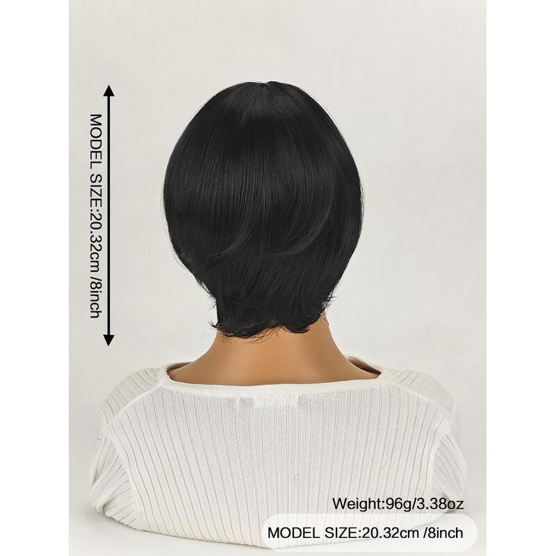 8 inch Straight Short Bob Hair Flat Bangs Cute Central Dot Skin Top Heat Resistant Synthetic Wigs (Natural Black)