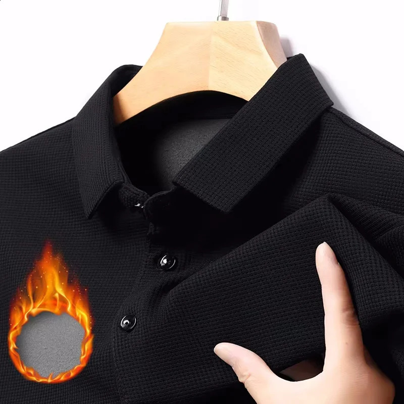 Waffle Fleece Thicken Fashion Polo Shirt Men Winter Warm Plush Business T-Shirt Tops Male Casual Button Lapel Long Sleeve Shirts 250409