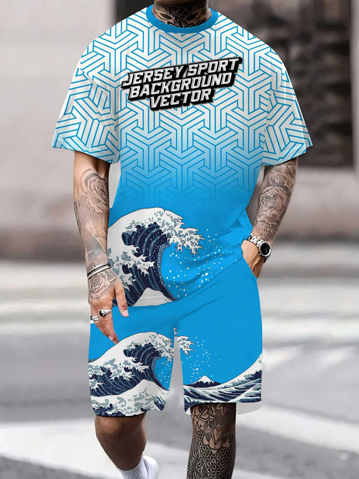 2015 Summer 3D Two Piece Mens Sweatshirt Comfortable Round Neck T-shirt Casual Short Sleeve SetXJ250412