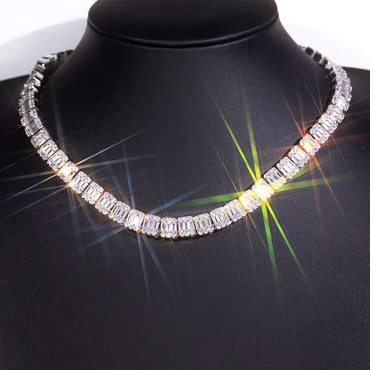 Wu Zhou Design With GRA Baguettes Moissanite 9mm Wide Sterling Silver Gold Plated Cuban Chain for Mens Rapper Necklace