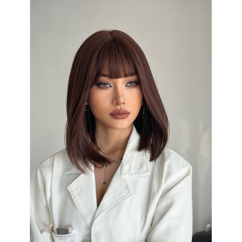 12 Inch Medium Brown Short Bob With Bangs Light Yaki Straight Blunt Cut Glueless Realistic Look Daily Costume Wig For Women Synthetic Heat Resistant H
