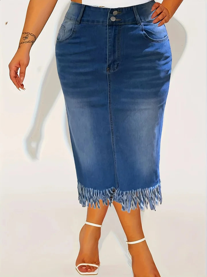 Womens Fringe Long Jean Skirts Fashion Casual Comforts Slim Mid Waist Stretch Denim Plus Size Half Skirt Four Seasons of Wear 250407