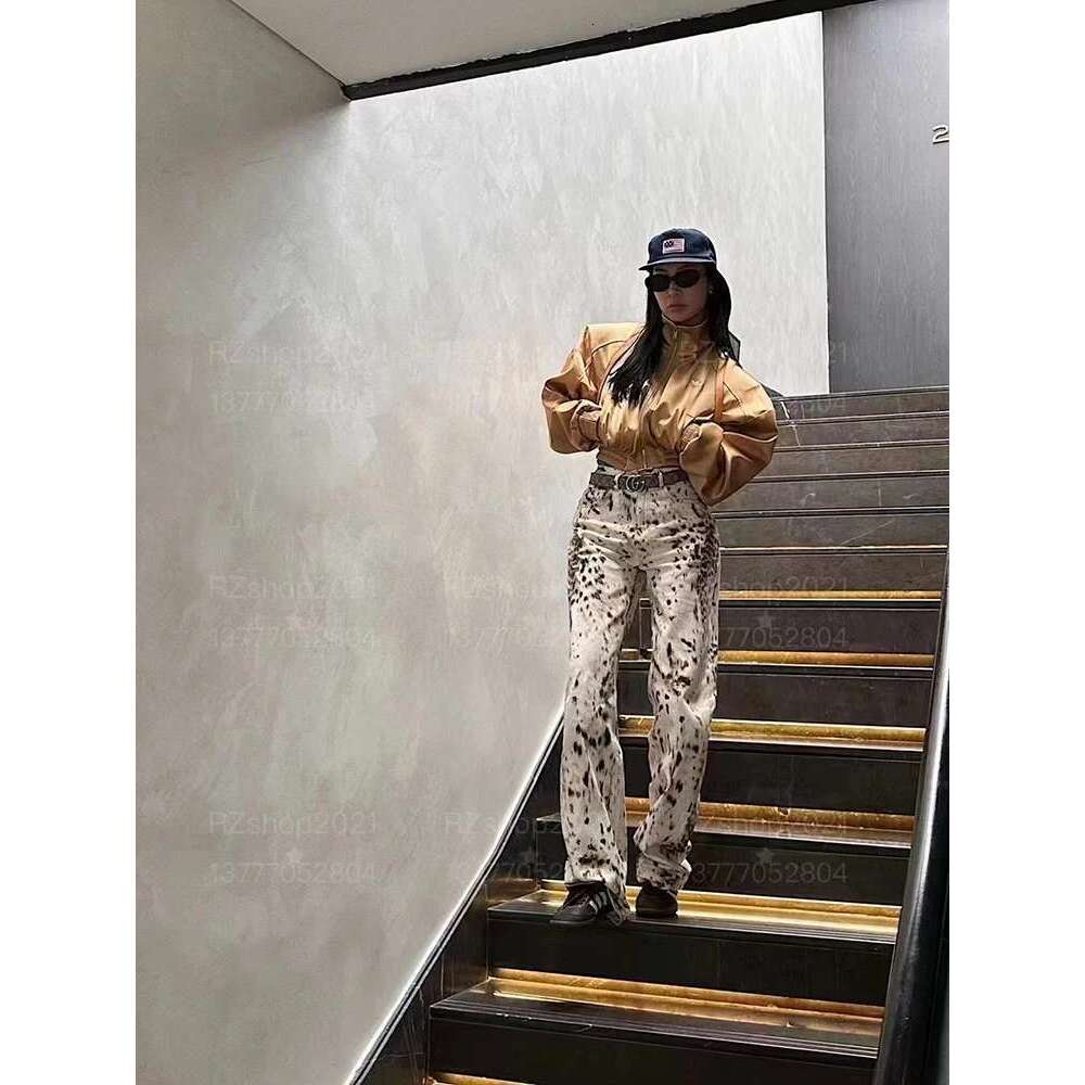 Baggy Wide Leg Women Waisted Retro Leopard Print Straight Jeans High Street Streetwear Y2k Vintage Denim Trousers