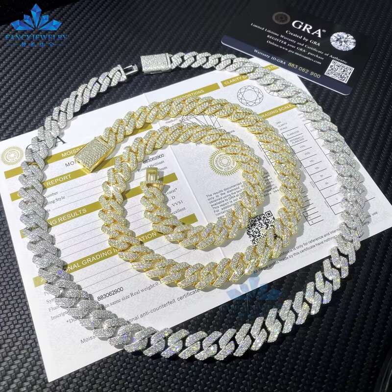 Full VVS Moissanite Design Custom Iced Out Cuban Chain 12mm 2Row 925 Sterling Silver Diamond Cuban Necklace Hip Hop Jewelry