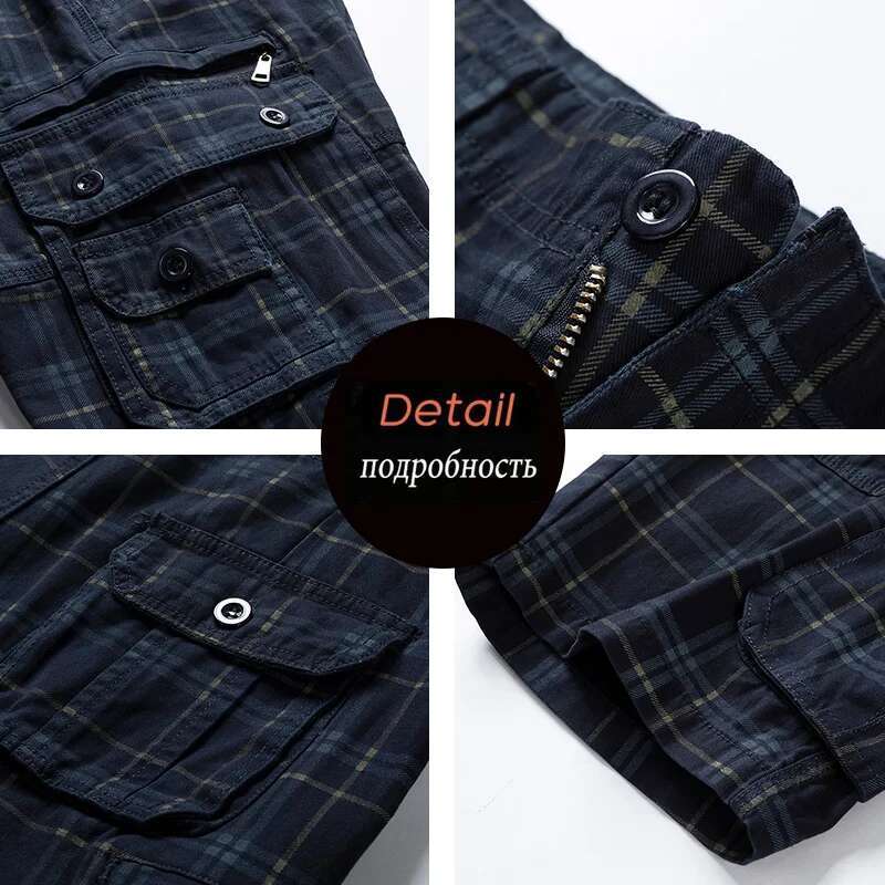 2023 New Summer Fashion Plaid 100% Cotton Casual Breeches Cargo Men Breathable Quick Dry Multi Pocket Hip Hop Shorts