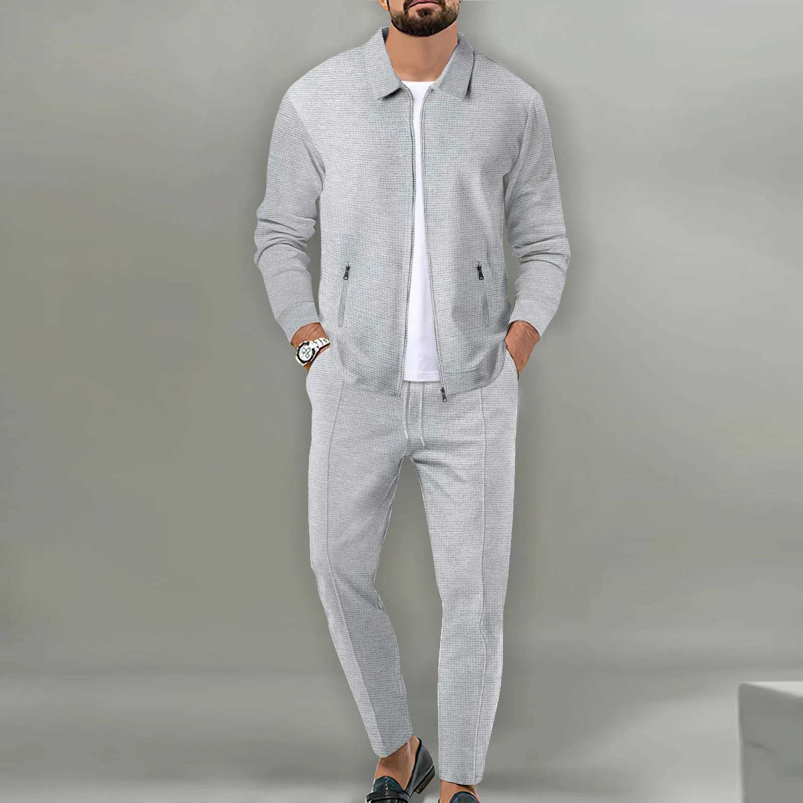 New mens jacket polo shirt 2 sets long sleeved casual fashion commercial breathable lapel pants drawstring solid color mens 2 setsXJ250412