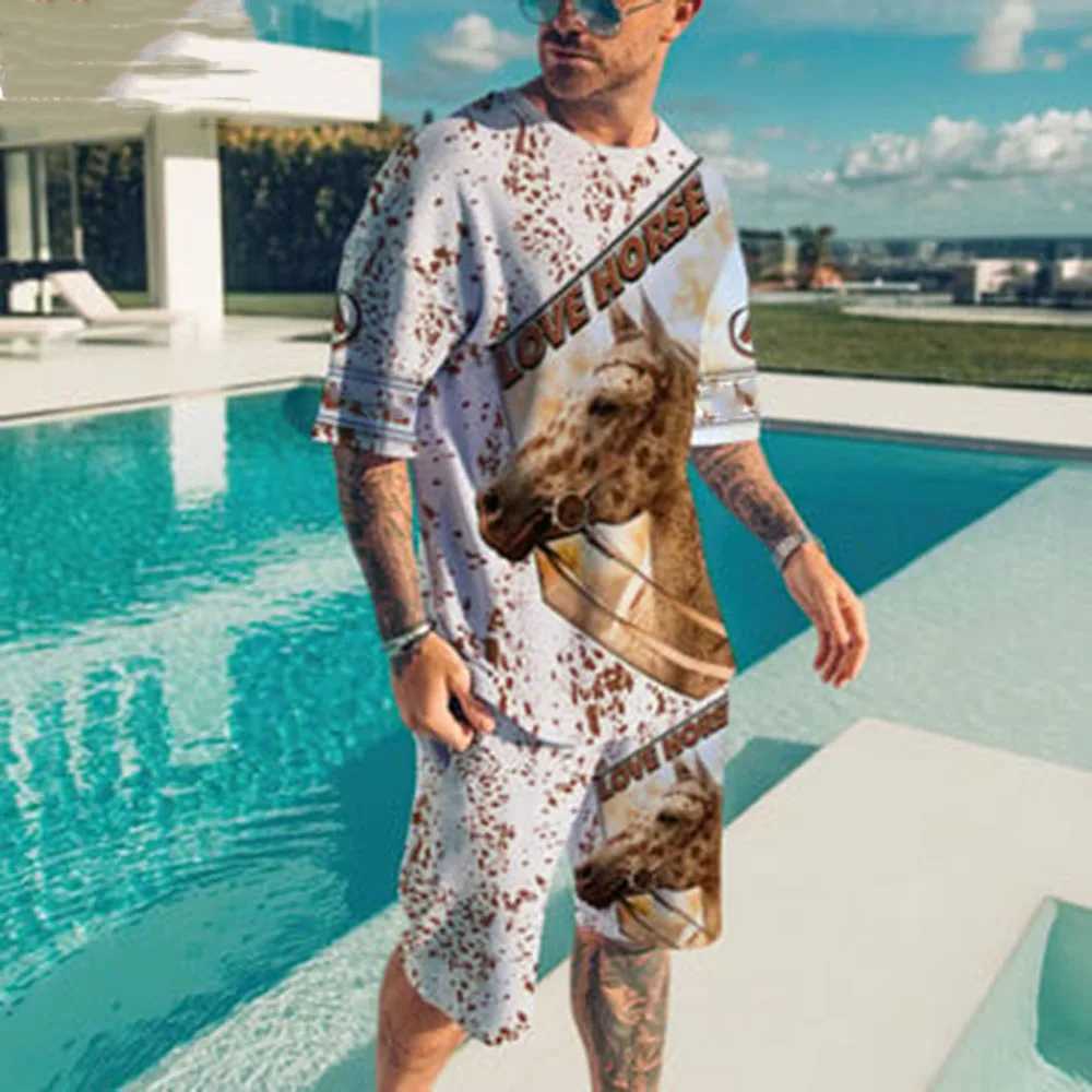 Mens sportswear T-shirt 2PK set pants closed style summer 3D printed animal short sleeved set streetXJ250412