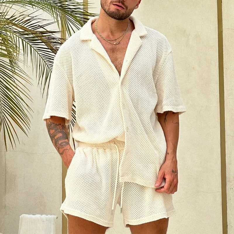 Beach style breathable knitted mens summer casual solid color short sleeved knitted shirt and short sleeved two-piece set mens clothingXJ250412