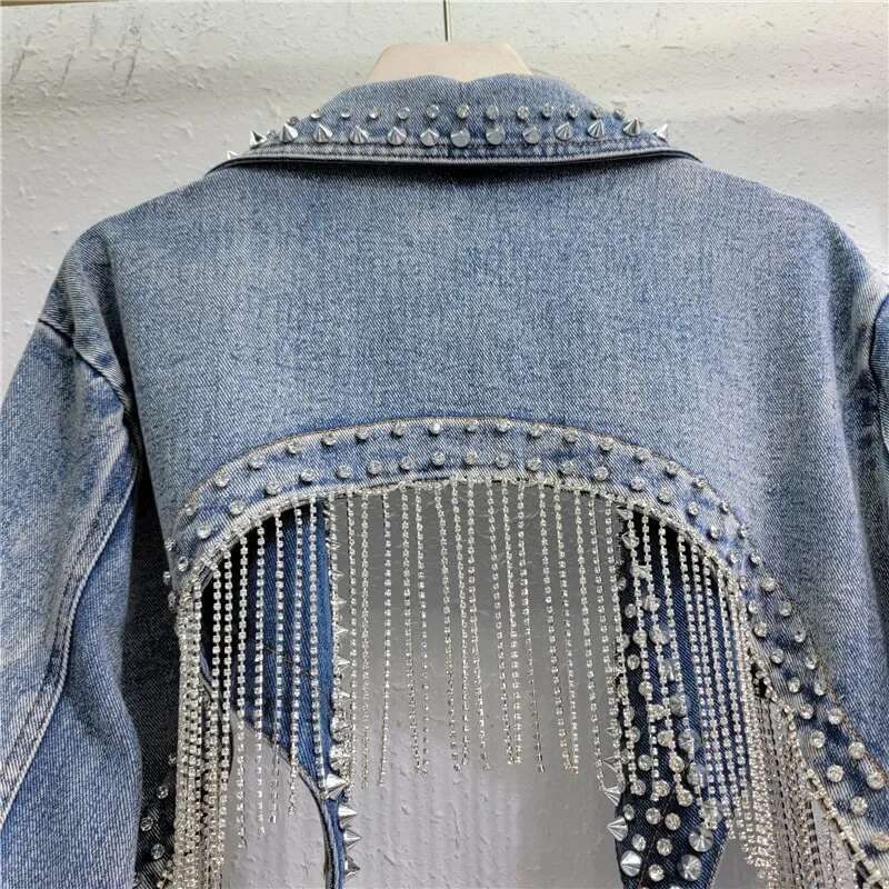 Rhie Beaded Tassels Rivets Denim Jacket Short Crystal Fringed Backless Jeans Coat Dias Cowboy Cardigan Sequins Tops