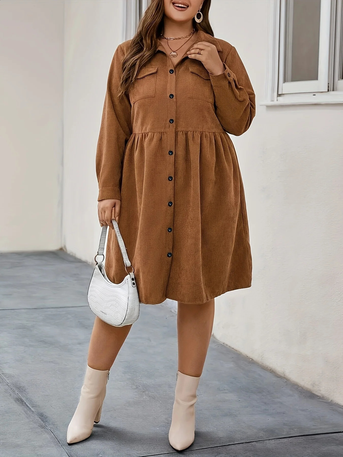 2025 Plus size 1XL5XL shirt dress with corduroy buttons pocket collar knee length loose long sleeves elegant and fashionable 250411