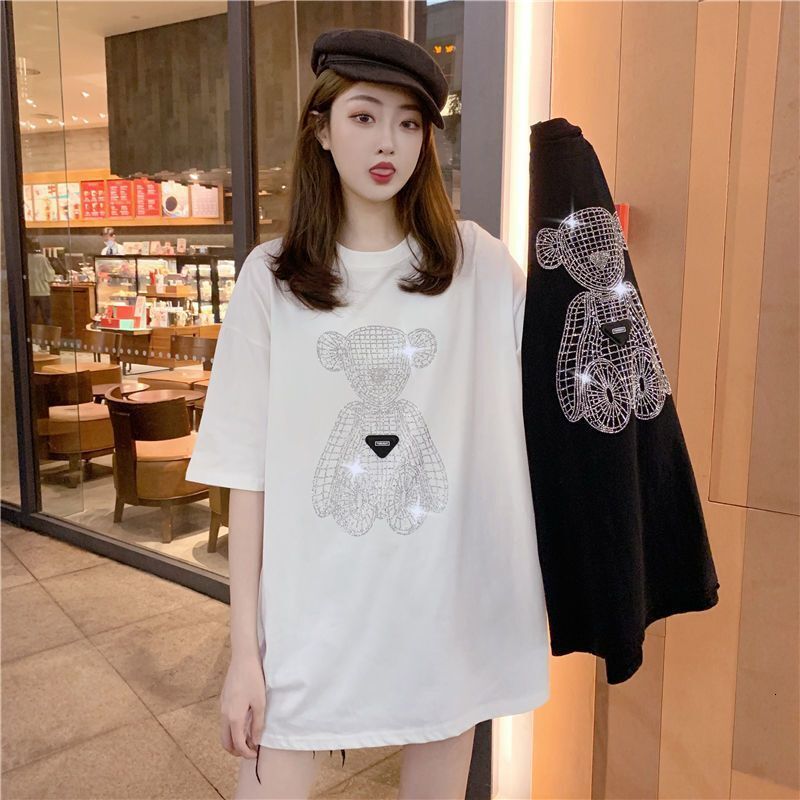 Designer 2025 Women's Heavy Industry Popular Diamond Bear Short Sleeve T-shirt Fashion Summer Black Loose Design High End Women's Top Street