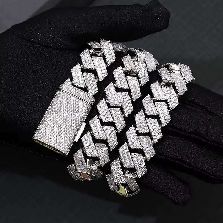 Yu Ying New Design Mixed Baguette and Round Moissanite Cuban Chain 925 Silver Necklace Hip Hop Cuban Link Chain Jewelry