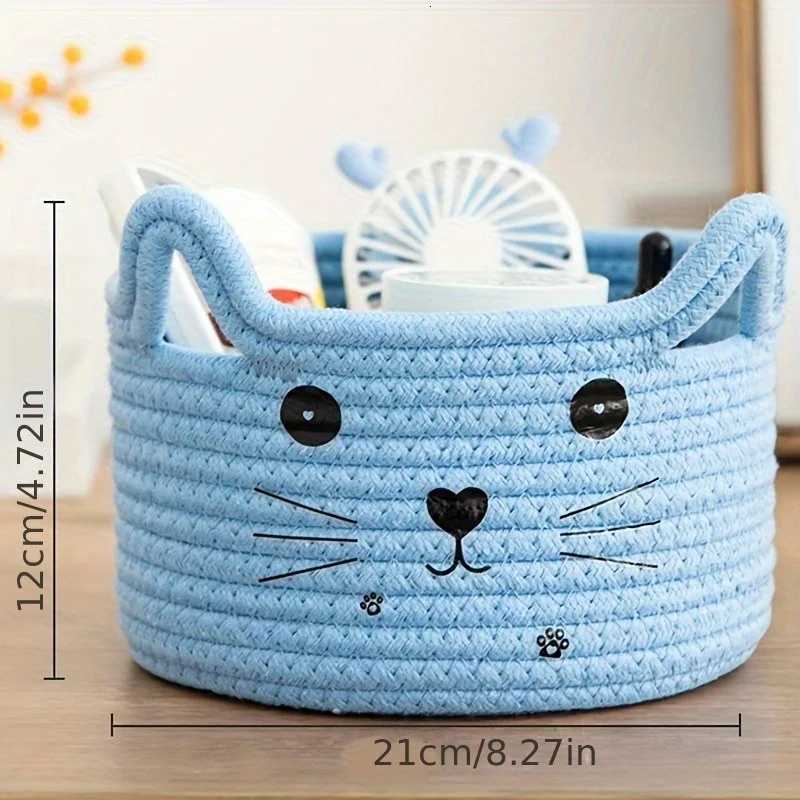 Cat Face Woven Cotton Storage Basket Toys Clothes s Pet Supplies Organizer Storage Living Ro Bedro He Organization Y251112