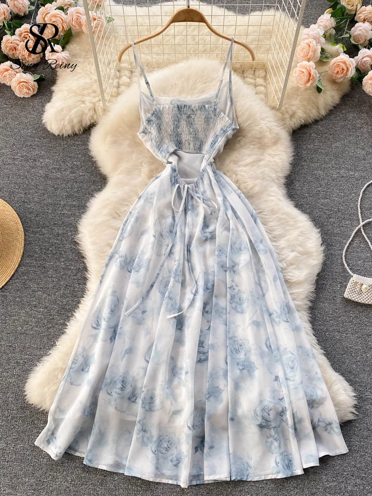 SINGREINY Women Floral Spaghetti Strap Dress Elastic Ruched Sexy Hollow Backless Party Dress Summer Boho Vacation Beach Sundress 250409
