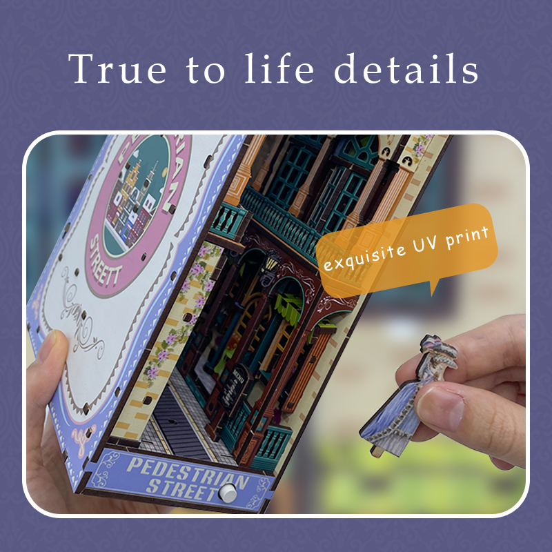 Pedestrian Street DIY Assembled Bookend, Exquisite 3D Wooden Puzzle with LED Light Effect, Creative Bookshelf Insert Decor & Unique Gift for Book Love