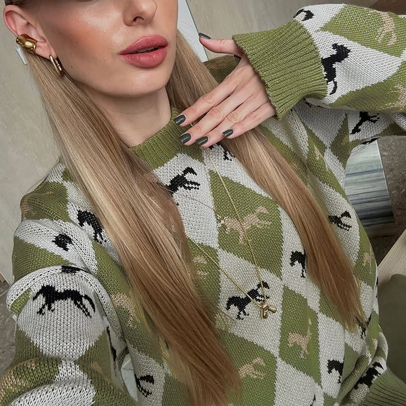 Women's contrast color sweater round neck long sleeve autumn winter casual style pullover sweater street style loose fashion elements all-match h