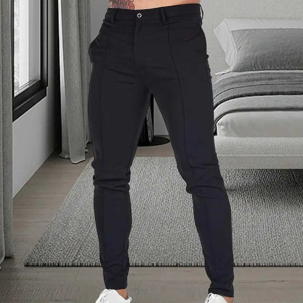Adjustable waist pants for mens slim fit solid color business pants breathable mid waist ankle length soft and comfortable W250411