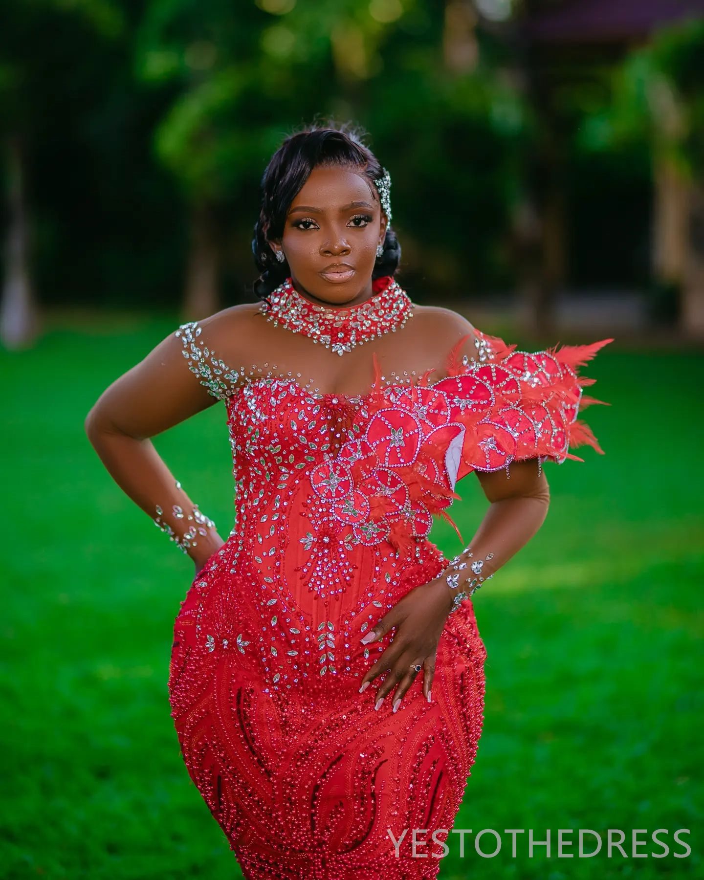 2025 Plus Size Red Prom Dress Mermaid Prom Dresses Evening Formal Gowns For Special Occasions High Neck Beaded Lace Birthday Second Reception Gowns AM