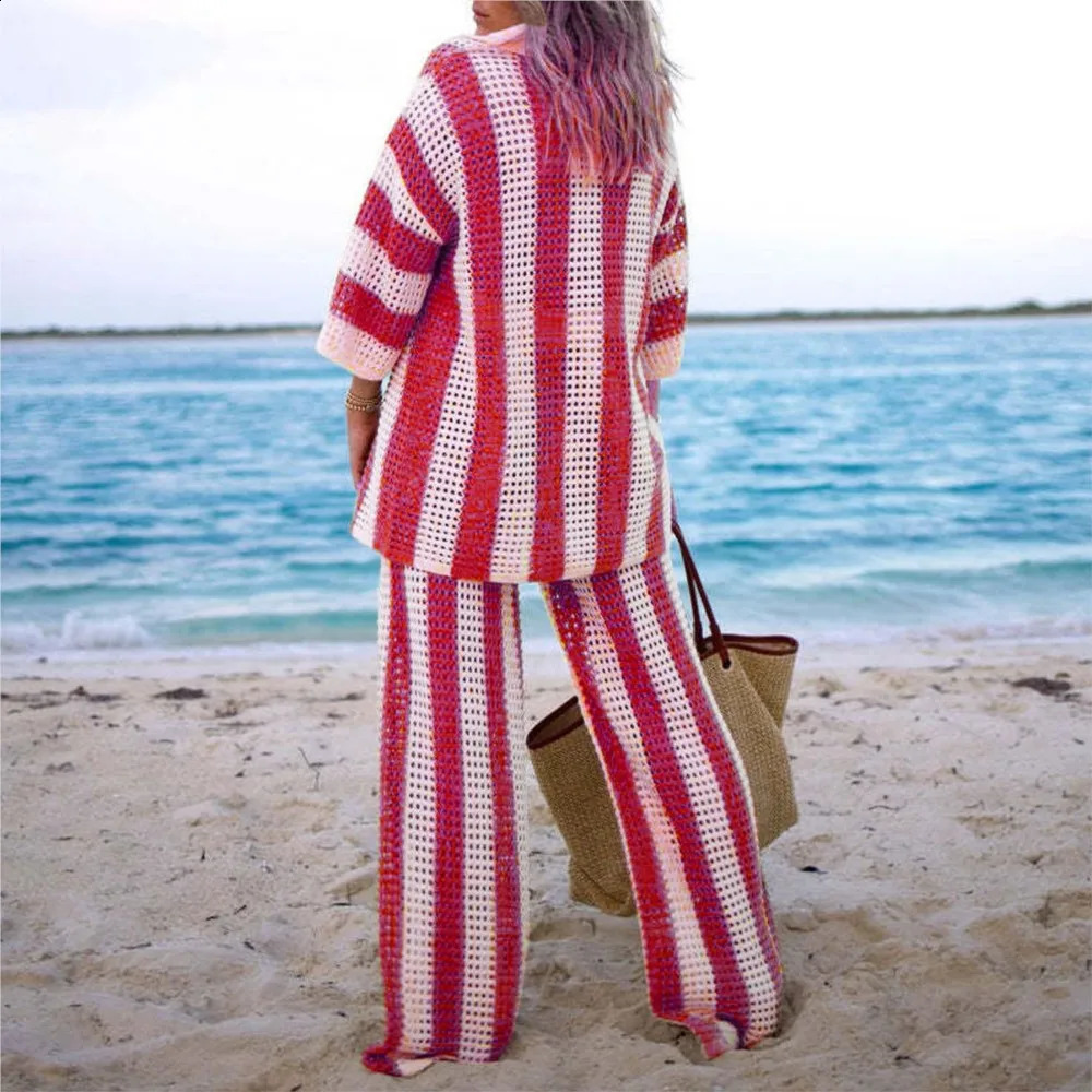 Women Hollow Knit Lapel Long-sleeve Suit Summer Striped Color Matching Loose Casual Knitted Wide Leg Pants 2piece Set Female 250411