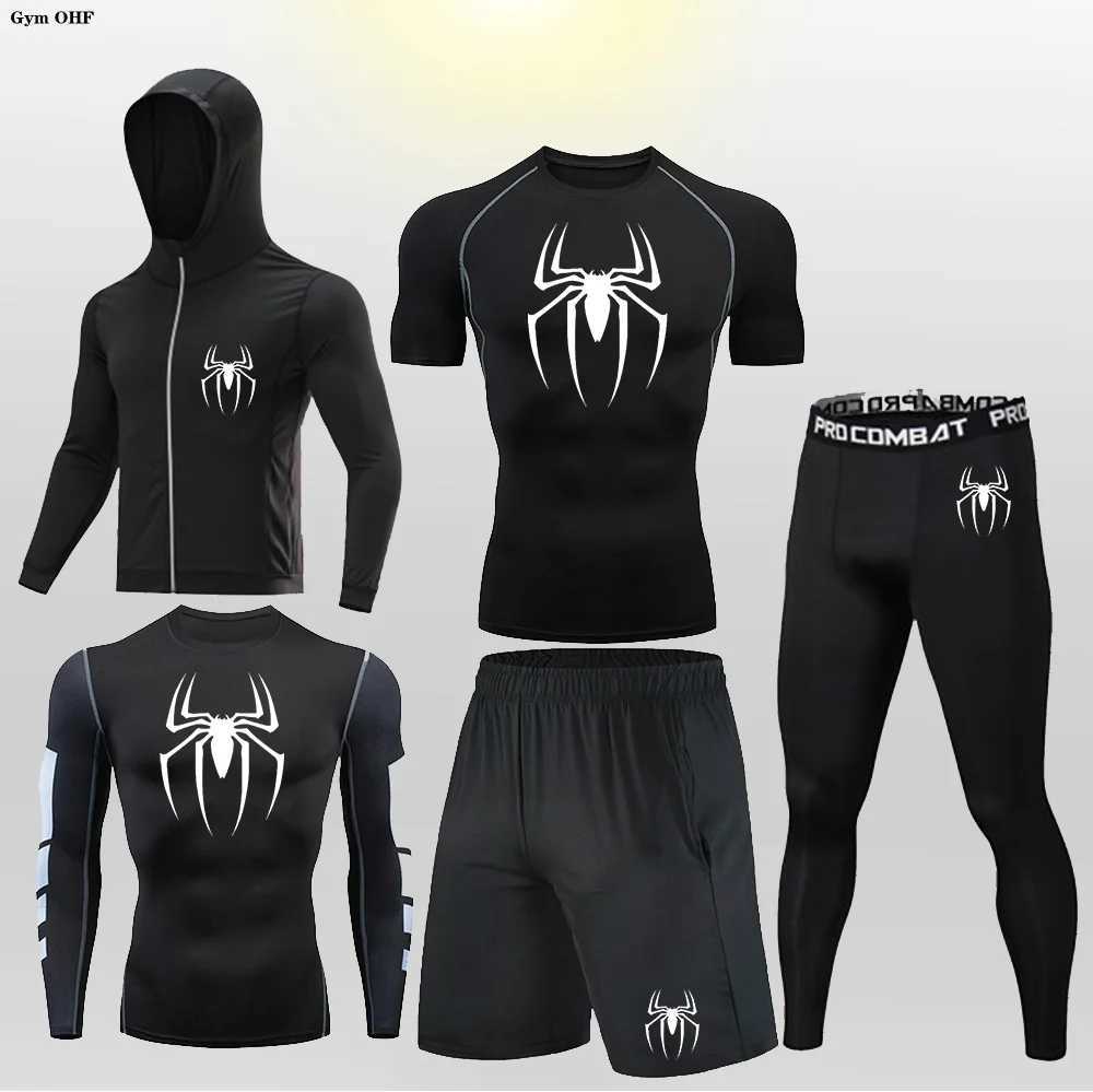 Sports suit mens Rashguard Jujutsu T-shirt pants BJJ gym boxing jersey Kickboxing Muay Thai shorts tight fitness spider print W250422