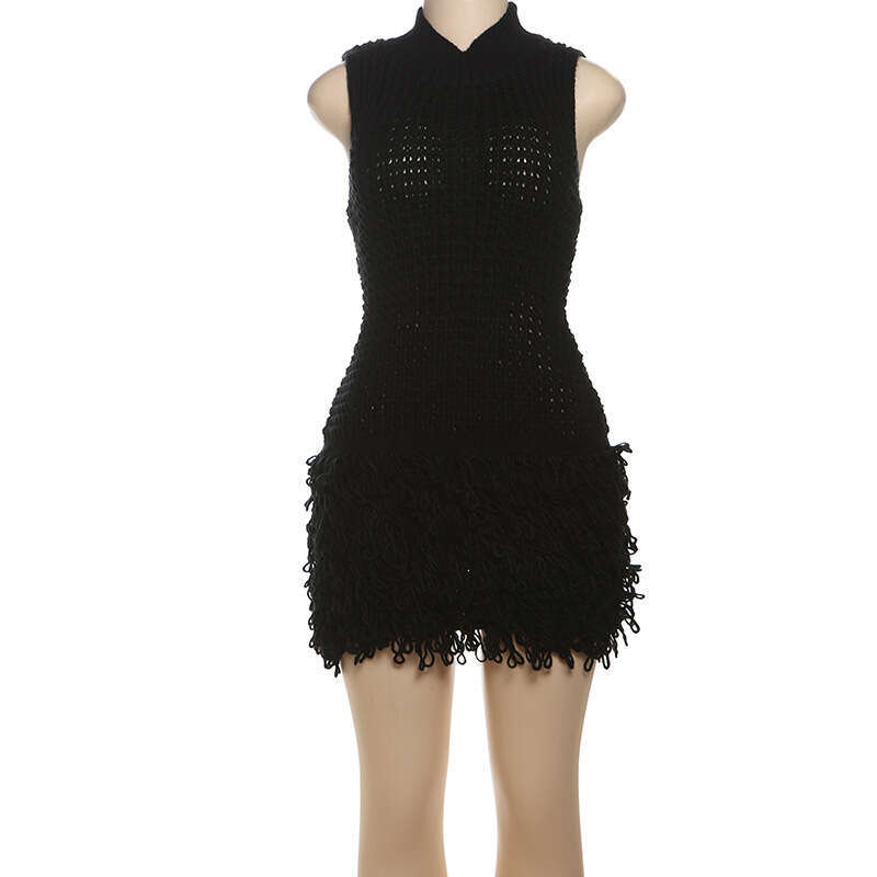 Women's Wear Wind Summer New Women's Fashionable And Sexy Sleeveless Tassel Hollow Out Slim Fitting Elegant Patchwork Dress