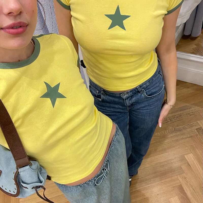 Korean Fashion High Street Girl Star Pattern Print Yellow T-Shirt Summer Women Streetwear Short Sleeve Skinny Crop Top Tees