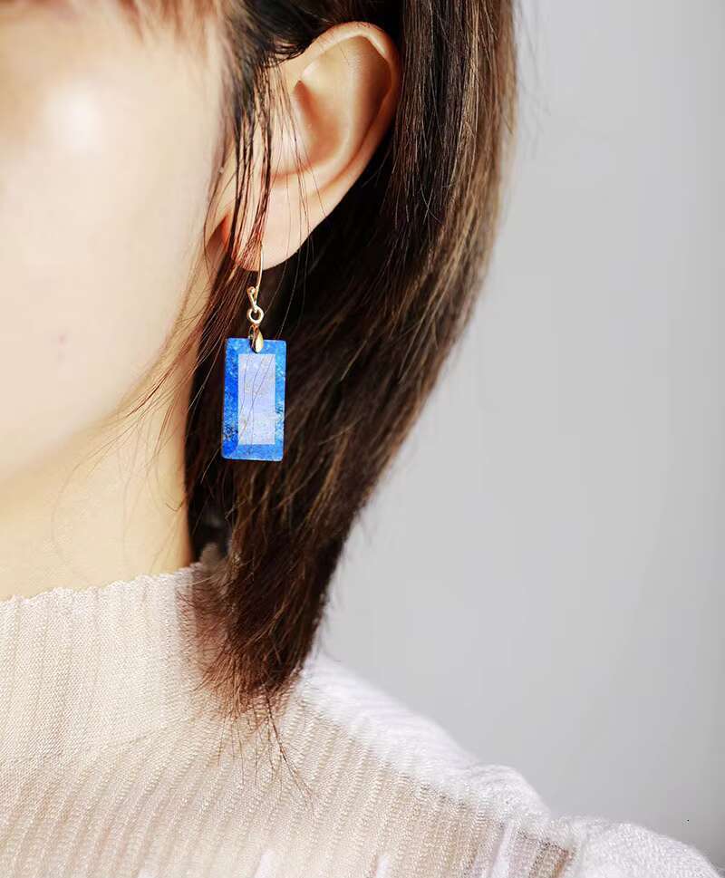 Natural Crystal Square Gemstone Dangle Gold Plated Needle Imperial Jasper Stone Drop Earrings