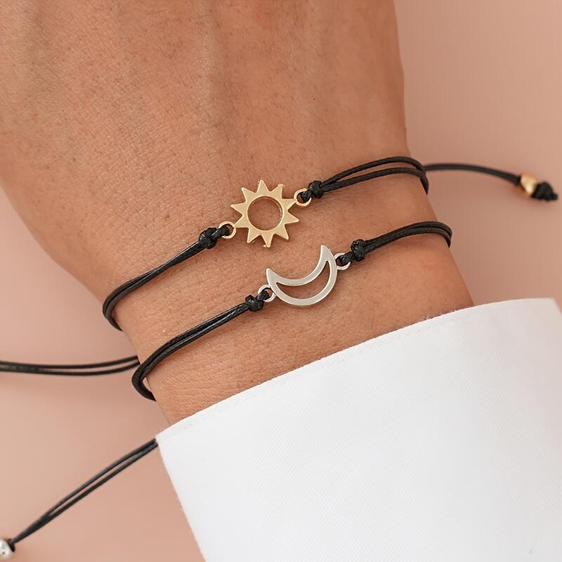 Friendship Bracelets - Adjustable Black Cord with Gold Sun and Sier Moon Charms