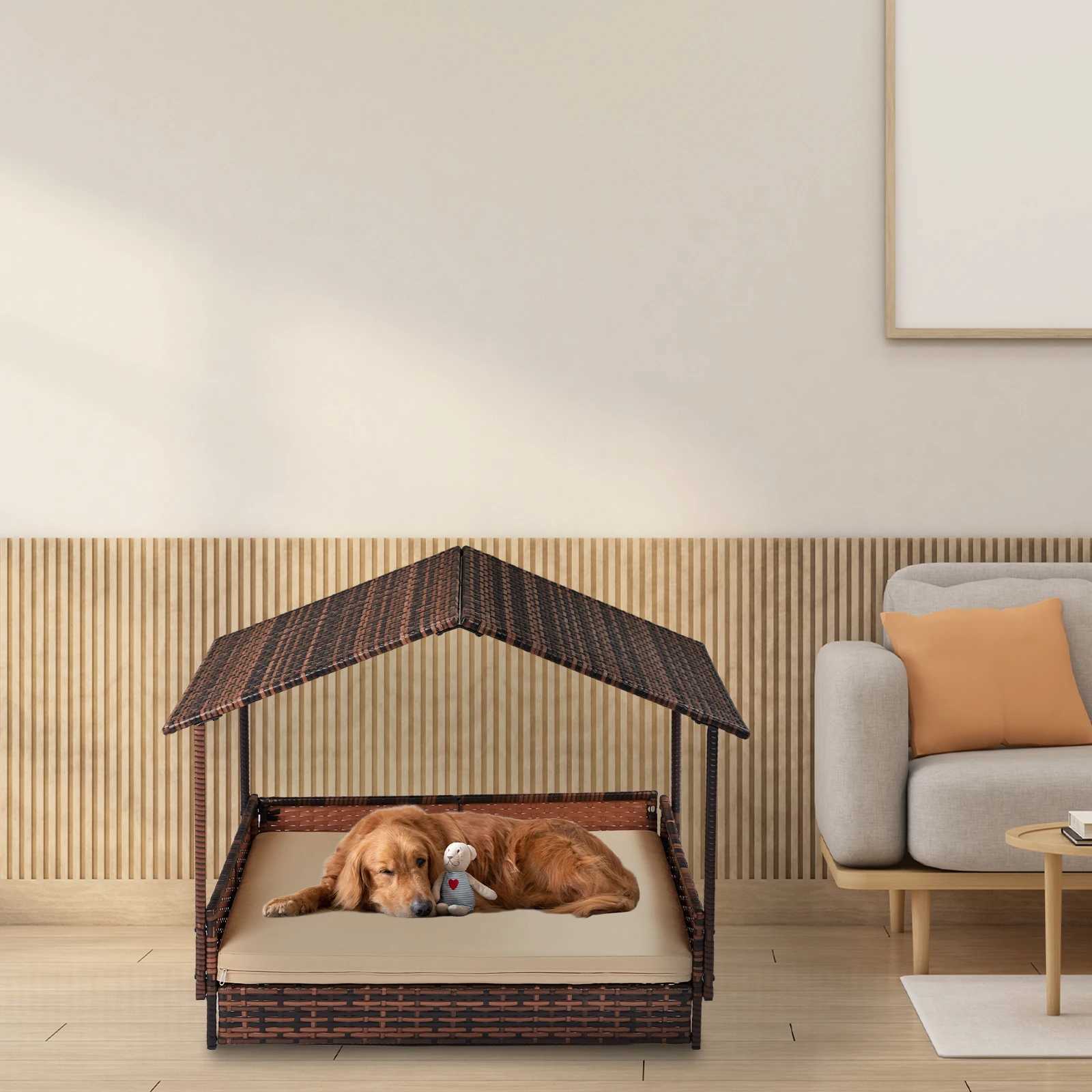 Dog house elevator with roof and washable mat cover Rattan dog bed indoor and outdoor pet house X250412